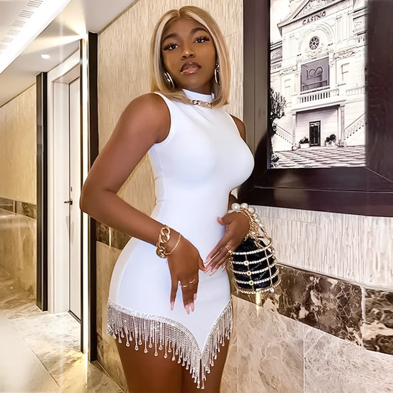 

Rhinestone Tassel Asymmetrical Mini Dress Sleeveless Round Neck Skinny Bandage Outfits Fashion White Summer Women Clothes Club