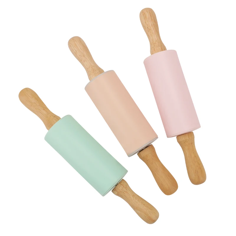

Factory Wholesale Food Grade Non-Stick Mini Silicone Rolling Pin Wooden Handle For Kids Baking Tool, Pink,green