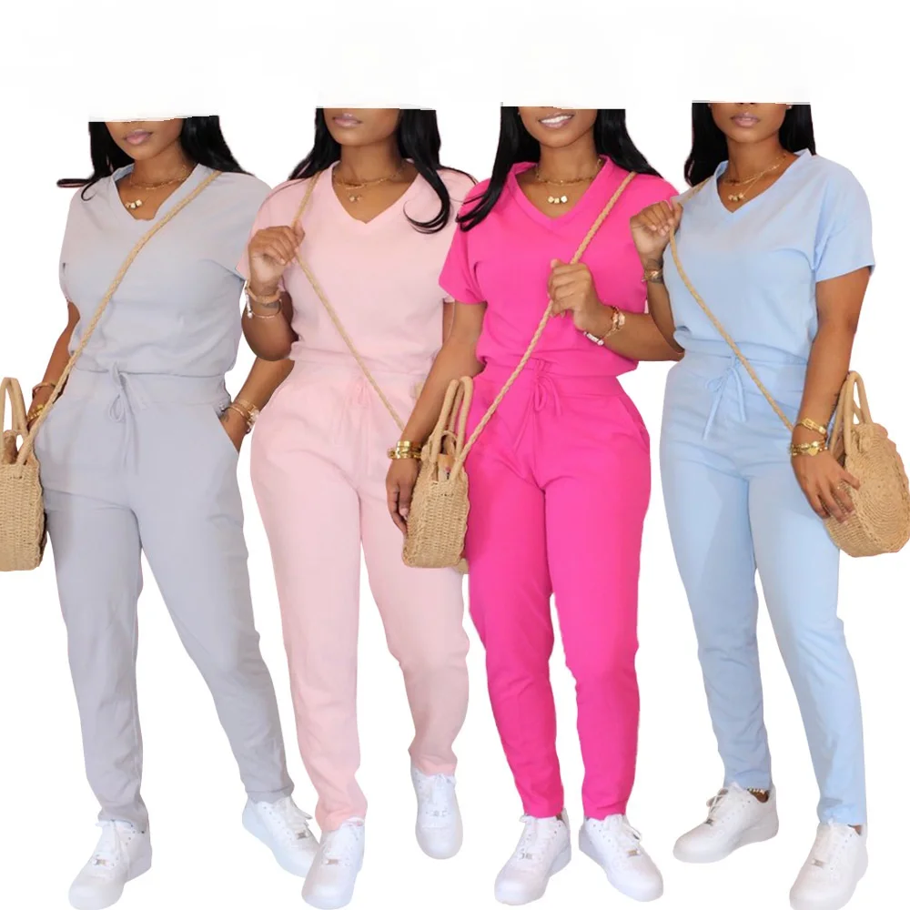 

Solid Casual Two Piece Set Sweatsuit Women V-Neck Short Sleeve Slim T Shirt and High Waist Long Pants Plus Size Summer Outfits