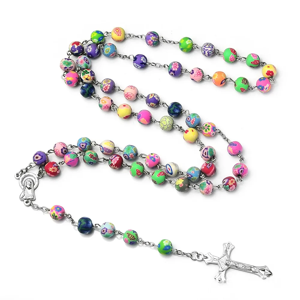 

New Polymer Clay Bead Rosary Long Necklace Alloy Cross Virgin Christian Catholic Jewelry Rosary Alone for Women, Picture shows