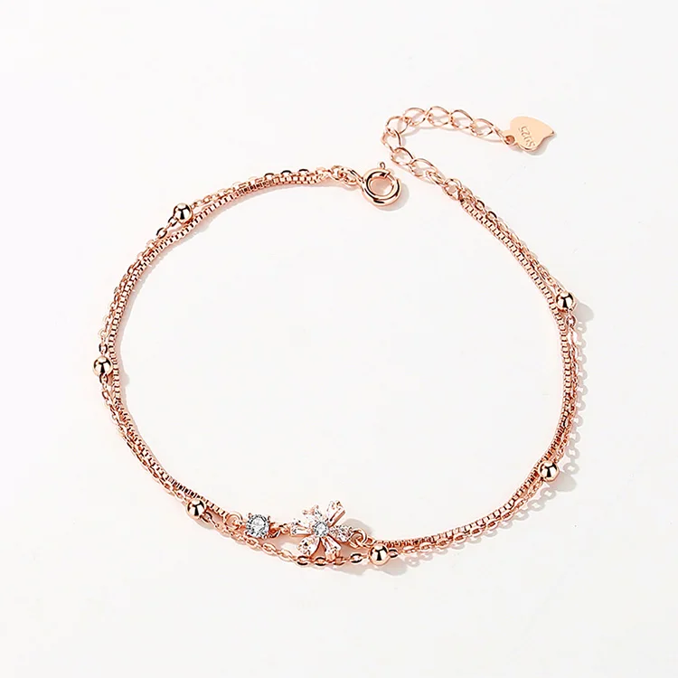 

925 sterling silver rose gold plated double thin chain dainty snowflake CZ diamond cubic zircon charm bracelet for Christmas