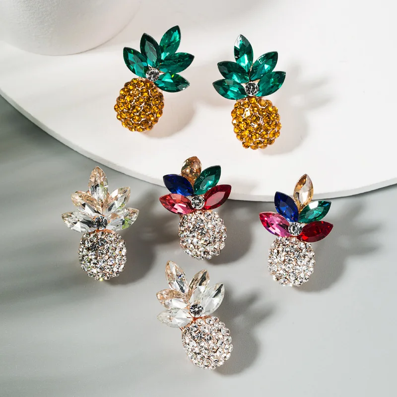 

Summer Tropical Fruit Pineapple Big Earrings Dangle Acrylic Colorful Crystal Rhinestone Party Statement Earrings for Women Girl, 3 colors