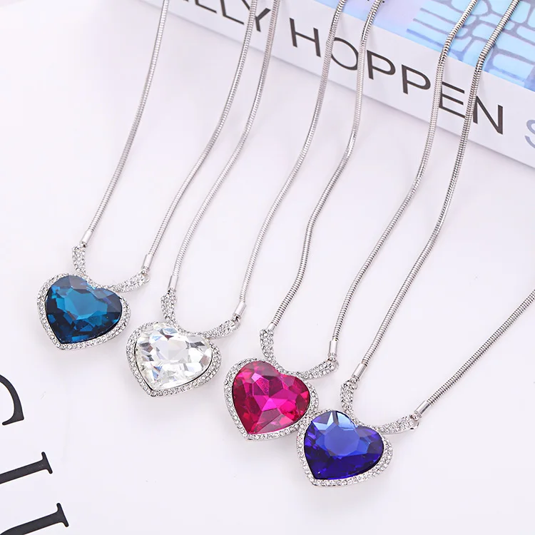 

Hot Sale Fashion Ocean Heart Love Crystal Blue Red White Zircon Heart Pendant Choker Necklace, As picture