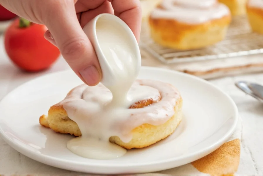 Comparison of perfect cinnamon roll icing consistency versus too thick and too thin variations