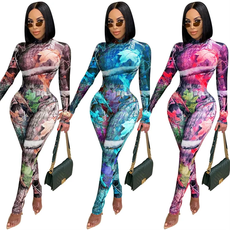 

2022 Best Seller High Quality Fashion women Clothing sexy club wear long sleeve Leaf Print Casual mesh see through 2 piece sets, Mix color or custom colors