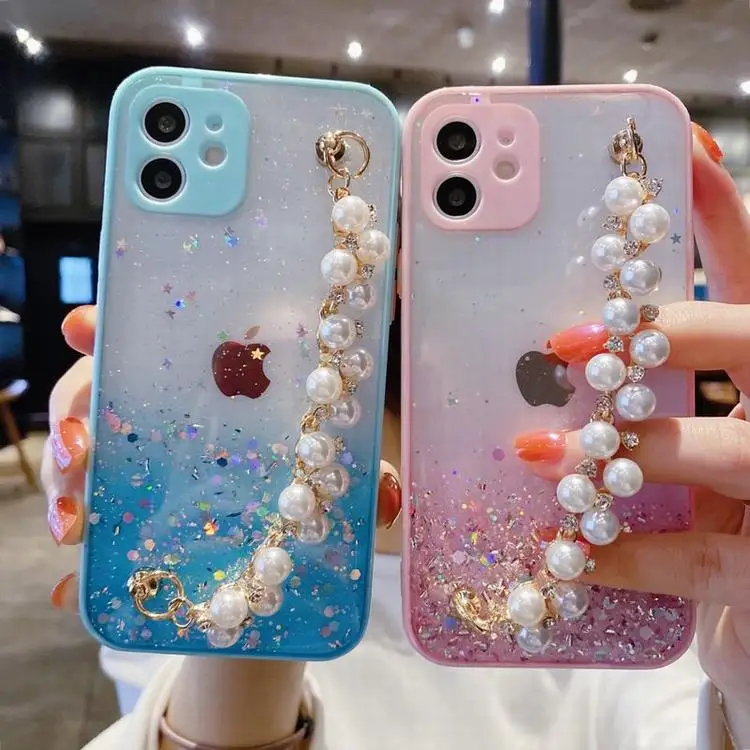 

Pearl Wrist Band Glitter Case Camerra Protective Cover For Xiaomi Redmi Note 10 9 8 Pro 9S 9A 9T POCO X3 NFC M3 Mi Note 10 Lite