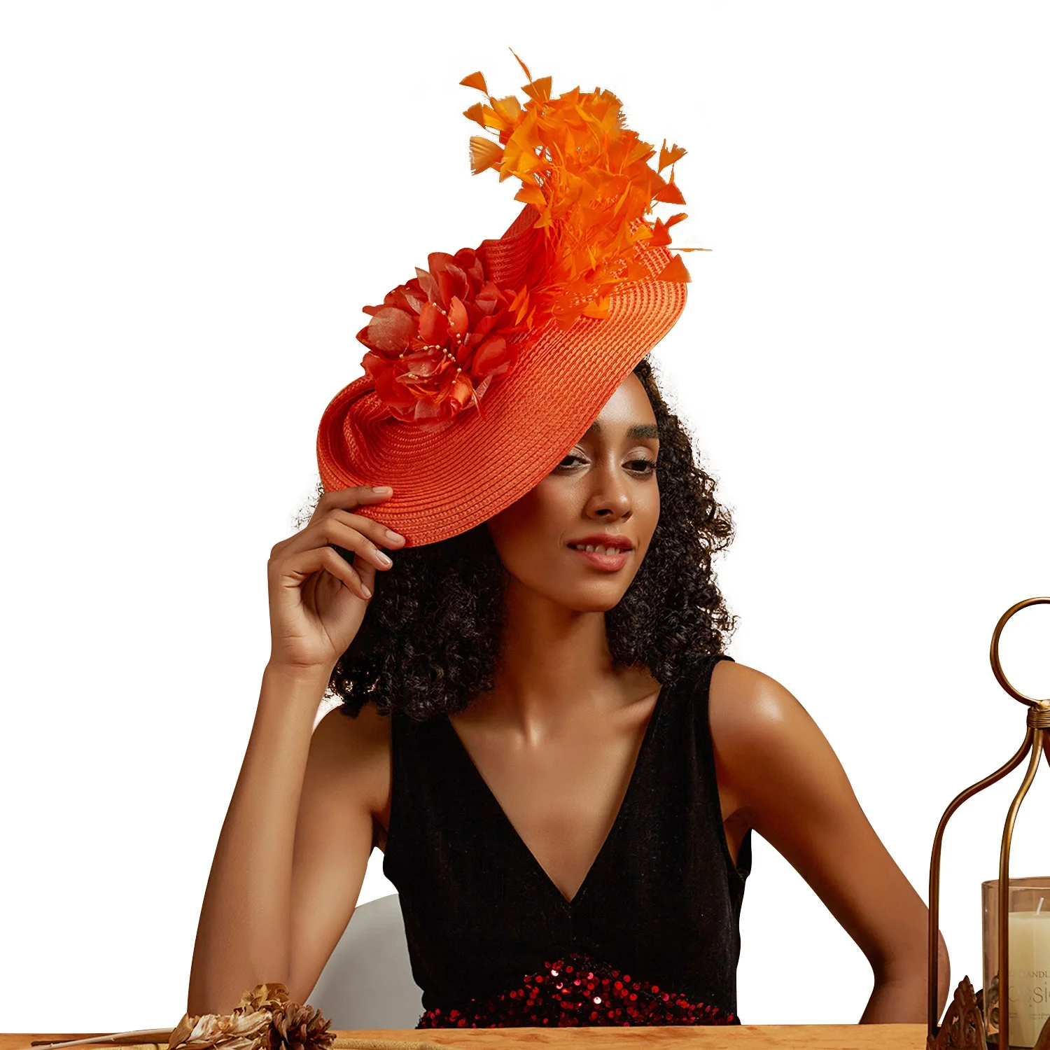 

Newest Premium Fascinator Kentucky Derby Hat Feather Flower Straw Wedding Photography Hat for Women Ladies