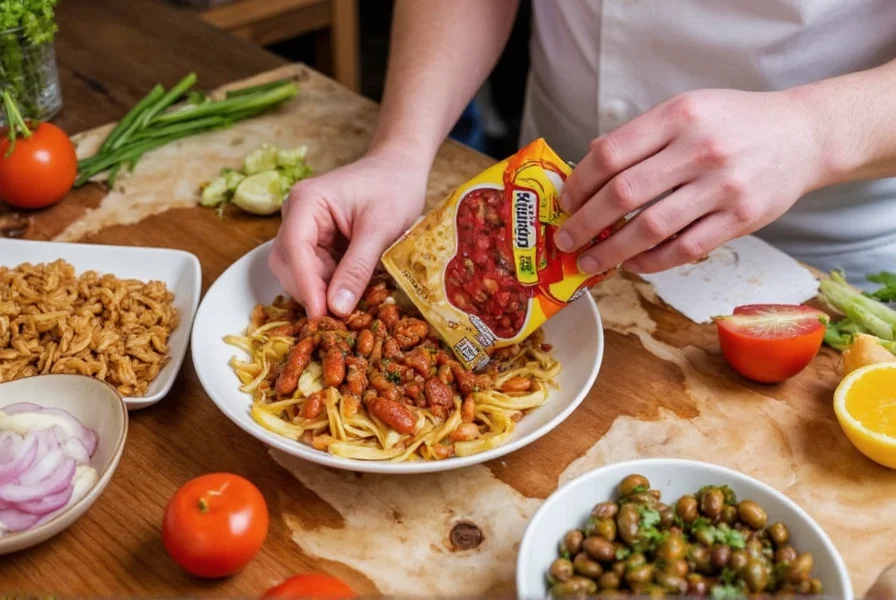Chef preparing recipe using Hormel less sodium chili with fresh vegetables and herbs