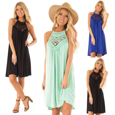

Women's Halter Neck Solid Color Tunic Tank Dress Lace Patchwork Short Mini Dresses