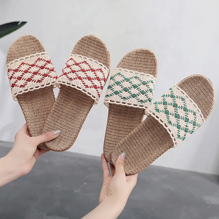 

A word flip flops lace high quality women house indoor cheap summer indoor slippers linen