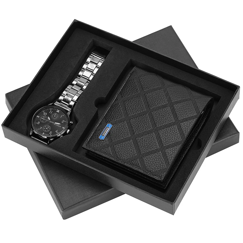 

Hot selling Men Watches Stainless Steel Band Quartz Wrist Watch with Folding Clasp Leather Wallet Set For Men