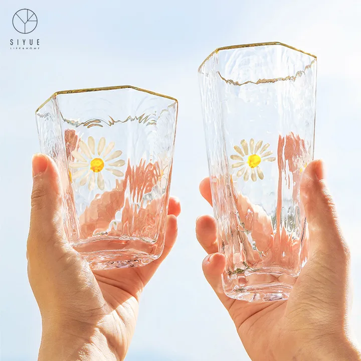 

Ins Fresh Style Champagne Glasses Hand Painted Design Juice Mug Hexagon Wine Goblets Water Clear Crystal Glass Cups 1453, Transparent clear