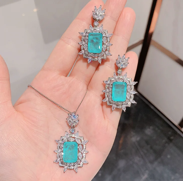 

S925 silver needle European and American popular jewelry accessories Paraiba pendant necklace emerald earrings stud