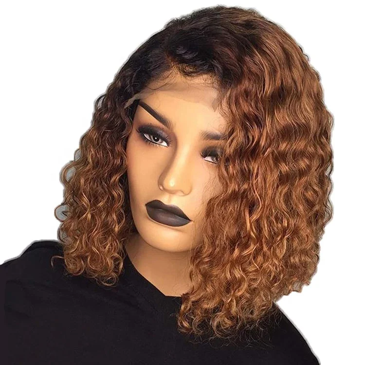 

Short Curly Bob Wigs Ombre #1B/30 Swiss Lace Wigs for Black Women Full Density Lace Front Human Hair Wigs