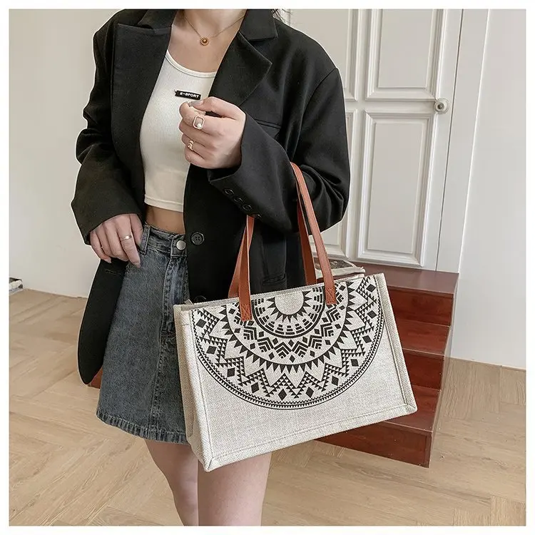 

Custom 2021 trend cotton bag linen tote bag with PU handle Canvas bag, 2colors