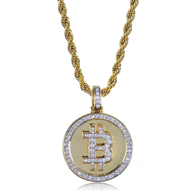 

2020 Mens Jewelry Necklaces Hip Hop Custom Charm Coin Pendant Bitcoin Necklace With CZ Iced Out