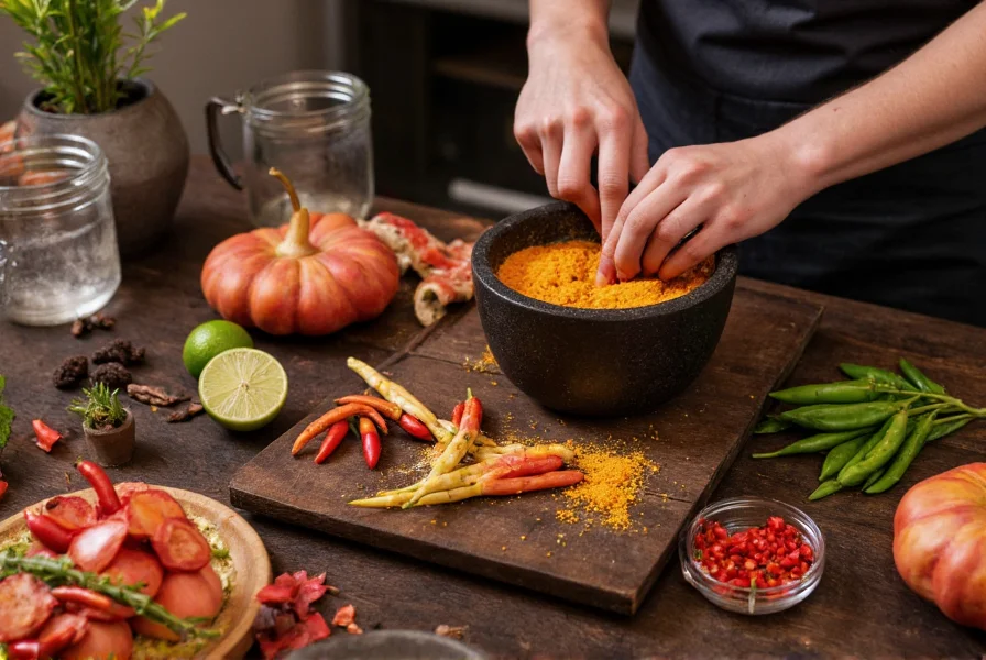 Chef preparing curry paste with mortar and pestle using fresh chilies and herbs