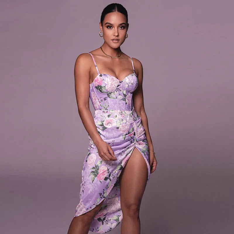 

Fashion Ruched Slit Suit Outfit Irregular Purple Floral Top And Skirt Set 2 Piece Women Summer Dress