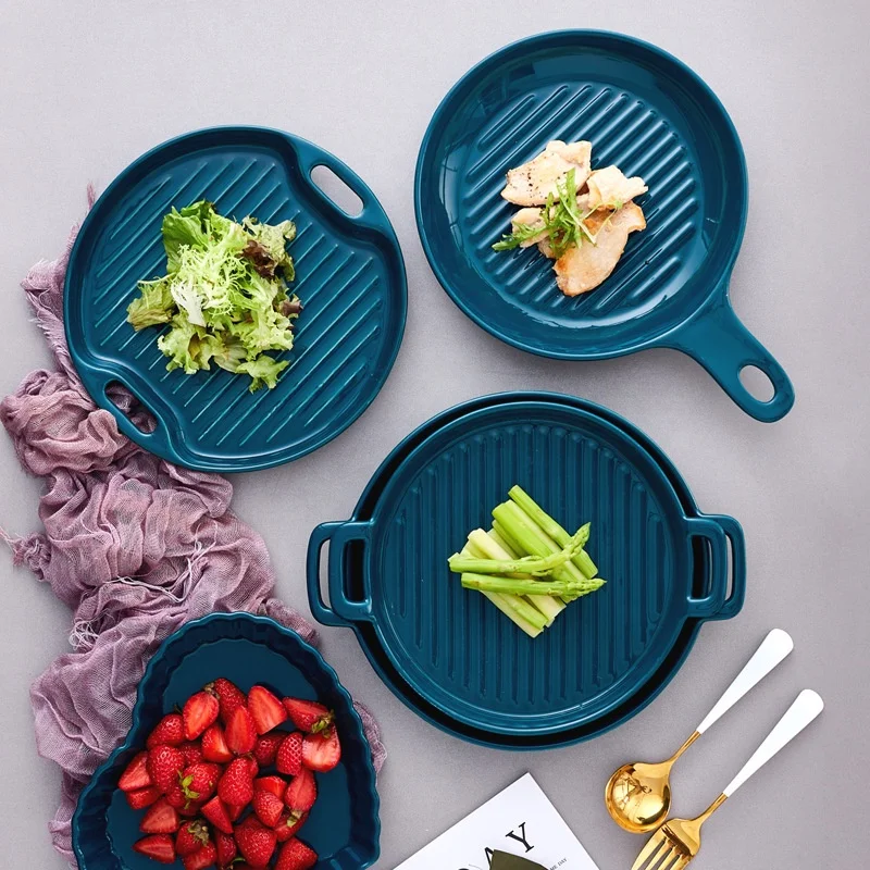 

Nordic creative household oven baked deep dish with oblong baked round love ceramic dishes cutlery, Dark blue