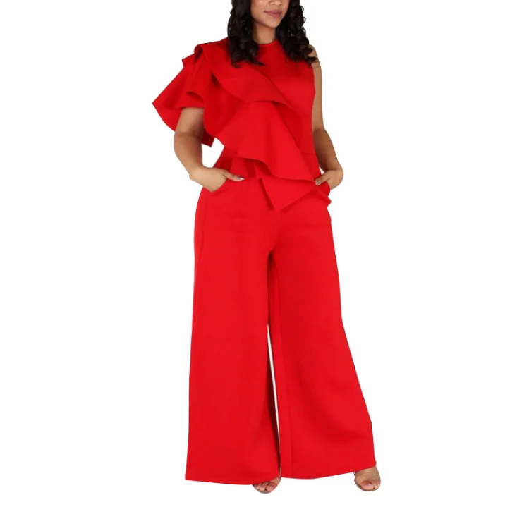 

Women's Sexy Casual Sleeveless Ruffle Trim Wide Leg High Waist Long Jumpsuit, Red/black