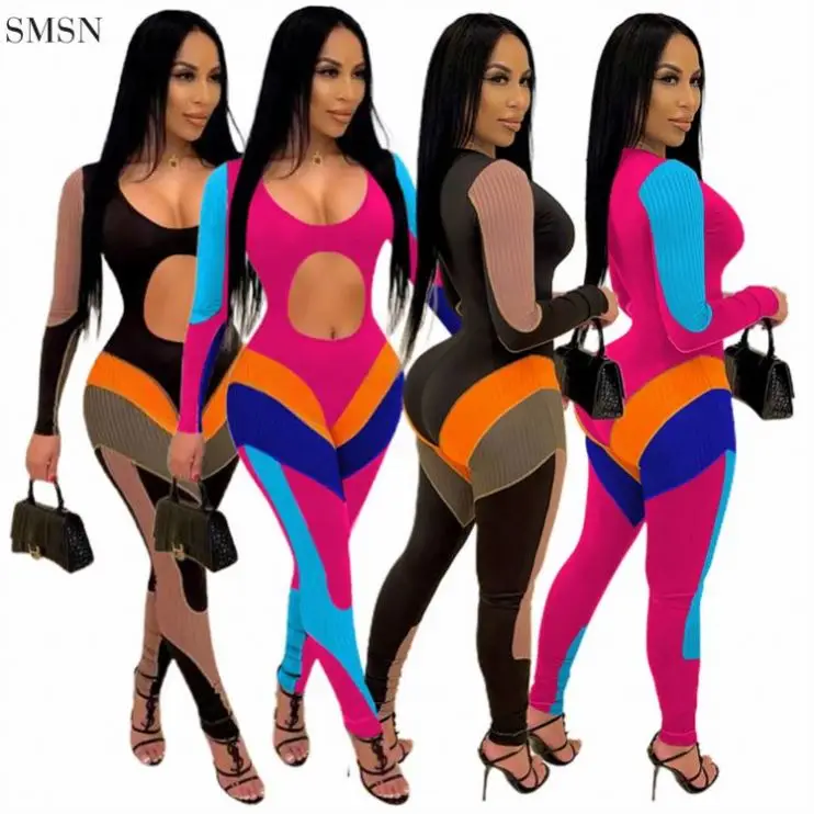 

New Trendy Multi Color Patchwork Long Sleeves Bodycon Hollow Cut Out Jumpsuit 2021 Sexy Jumpsuit For Women
