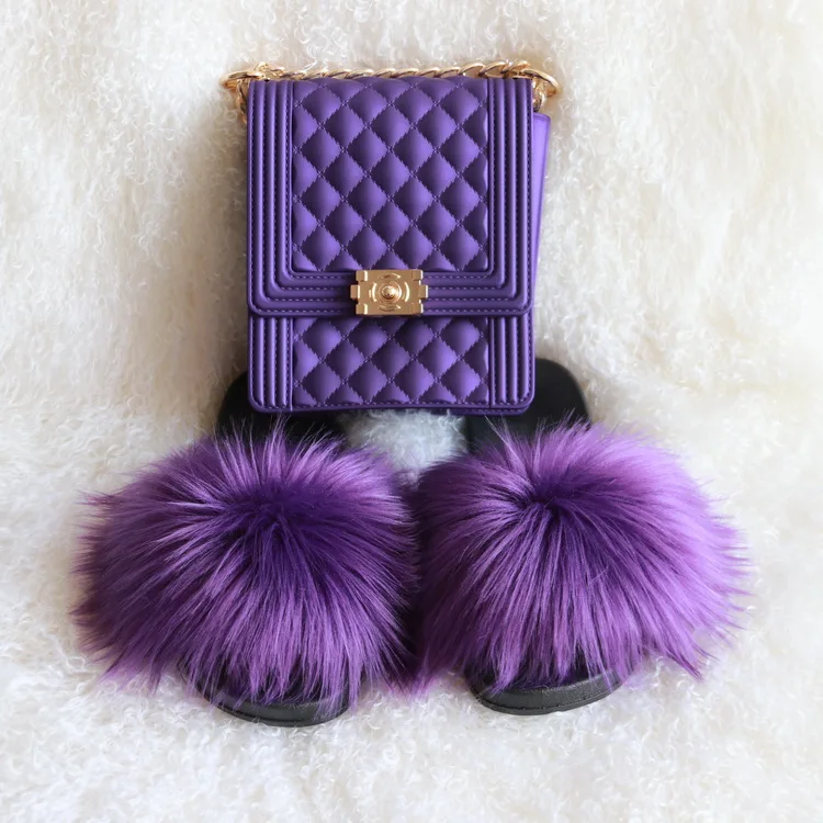 

hot sale women girls multi color plush furry slippers and purse