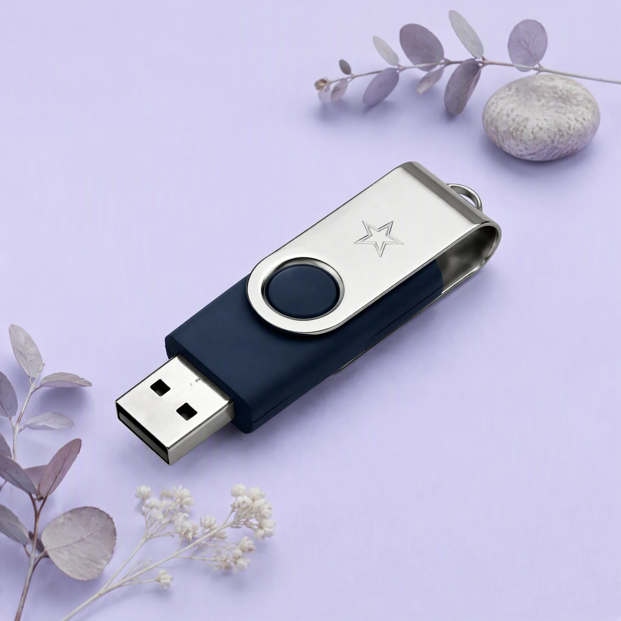 Midnight Navy Star-Engraved Swivel Flash Drive in Aesthetic Studio Setting with Dried Flowers