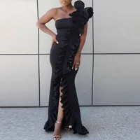 

High Split Sexy One Shoulder Ruffles Backless Long Women Evening Dress