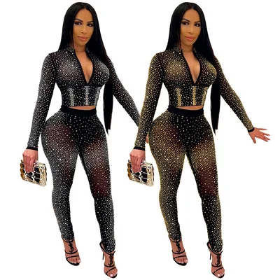 

F11508A Aliexpress Nightclub Bling Sparkly Rhinestone V Neck long sleeve Trousers Women Two Piece Outfits Set, Golden / black