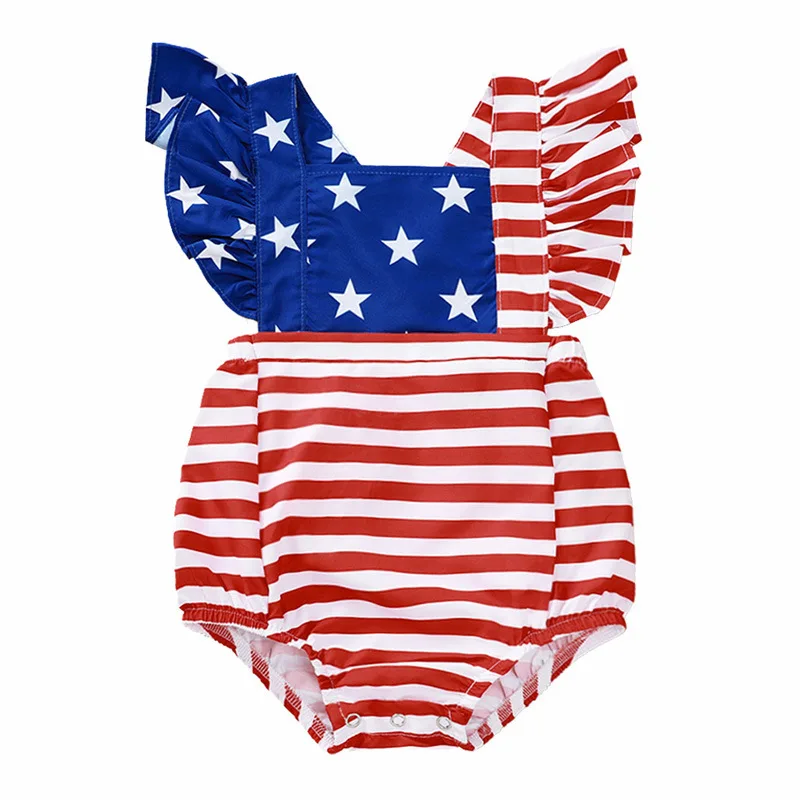 

Newborn Infant Baby Boys Girl 4th of July Flutter Sleeve Star and Stripe Patriotic Baby Romper, Photo showed and customized color