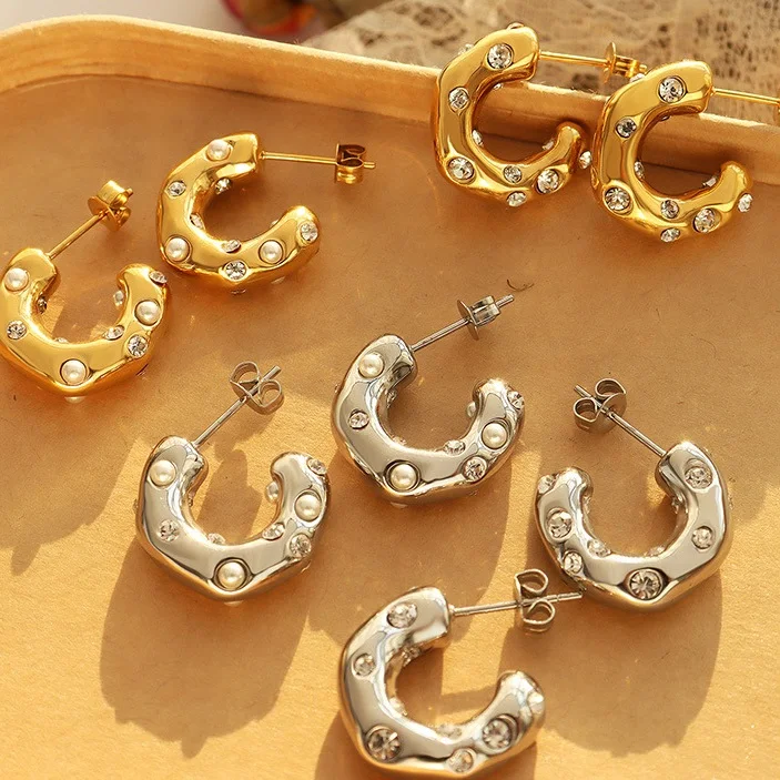 18k Gold Plated Stainless Steel Circle Earrings Jewelry Shaped Hammer Shiny Zircon CC Shape Hoop Earrings For Women