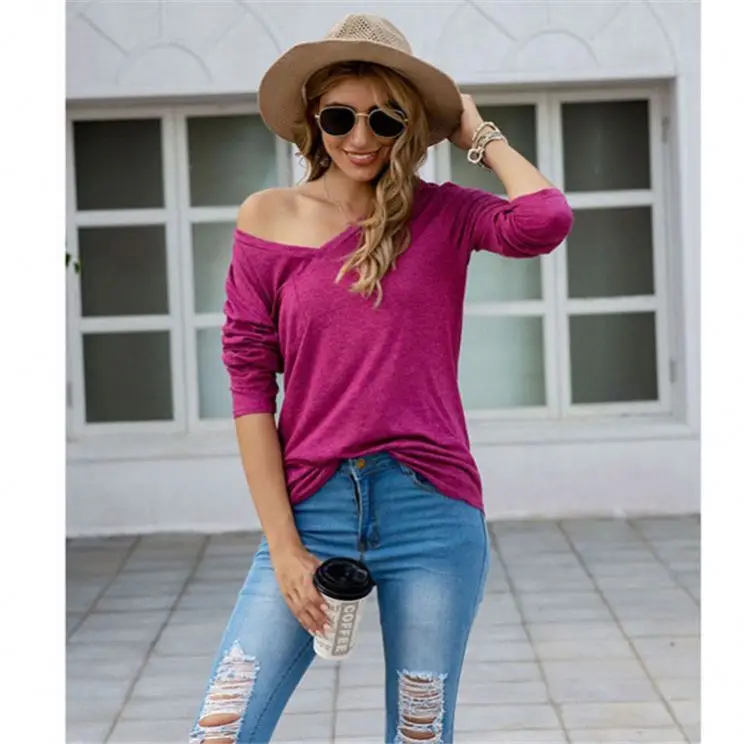 

New Arrival 2021 Women Clothing V-Neck Long Sleeve Blouse Women Tops Pocket Solid T-Shirt For Women Blank T Shirts