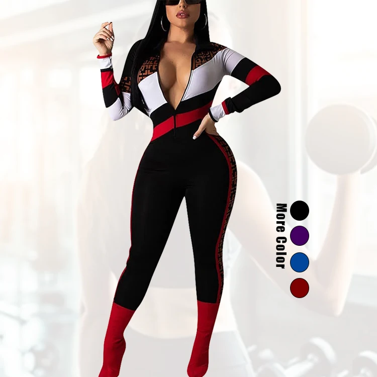 Eye Catching Front Adjustable Zipper Long Sleeves Black One Piece Yoga Jumpsuits