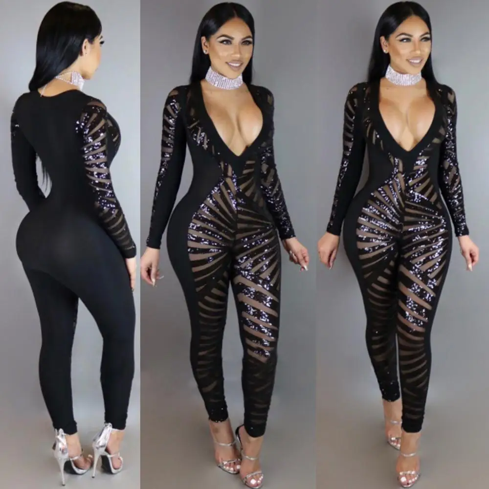 

N298Wholesale hot style deep V long sleeve sequined jumpsuit dress