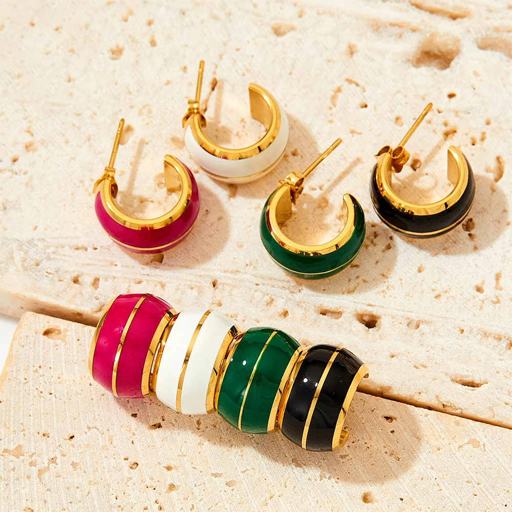 

Oil Dripping Candy Chunky Enamel Round Stud Earring Gold Plated Stainless Steel Colorful Enamel C Shaped Stud Earrings For Women