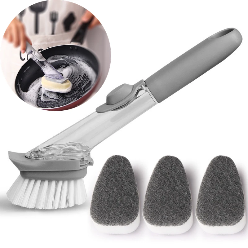 

Multifunctional Long Handle Dispenser Cleaner Tool with Dish Soap Washing Brush Set, Grey