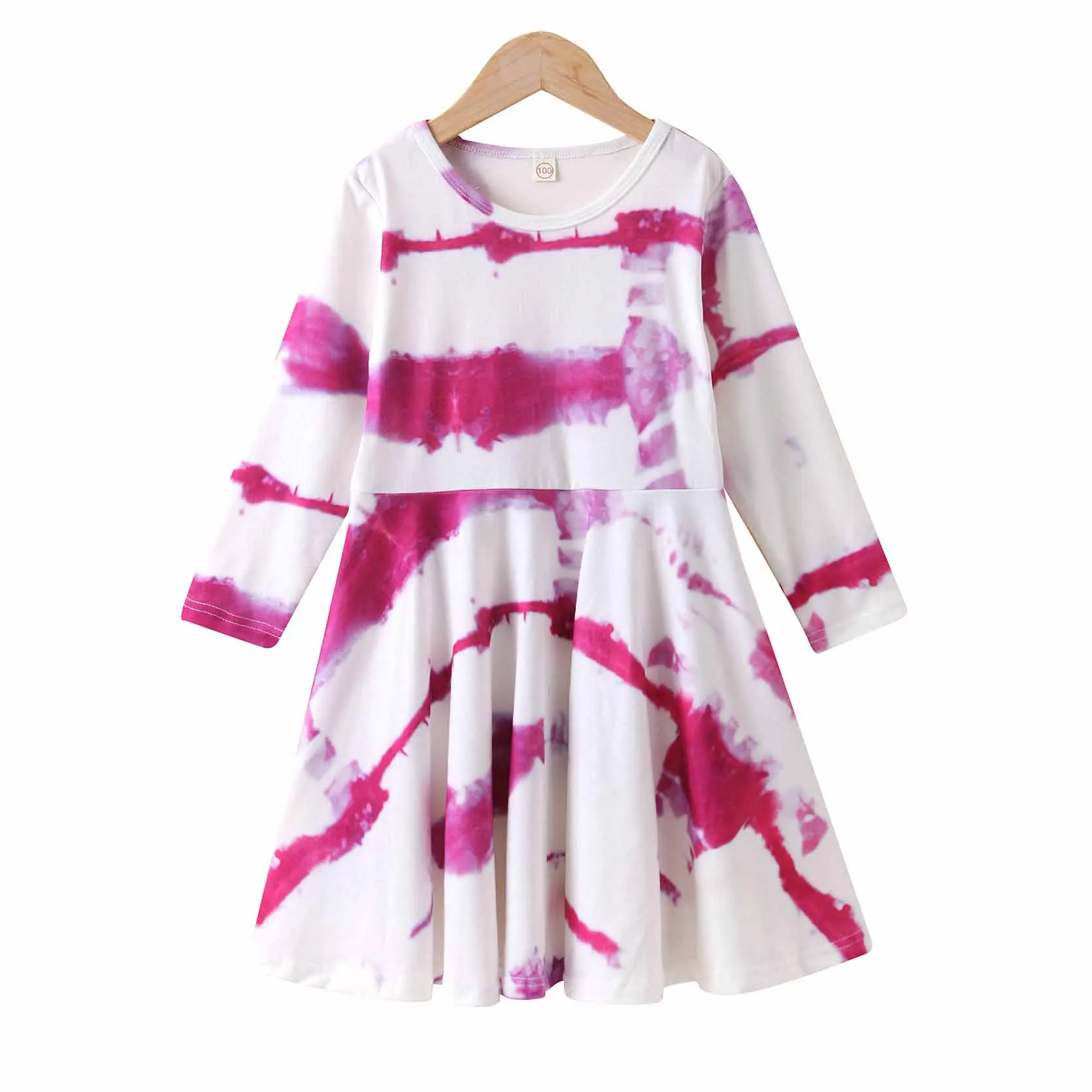 

Wholesale Tie-dye Round Neck Long Sleeve Splicing Girls Dresses