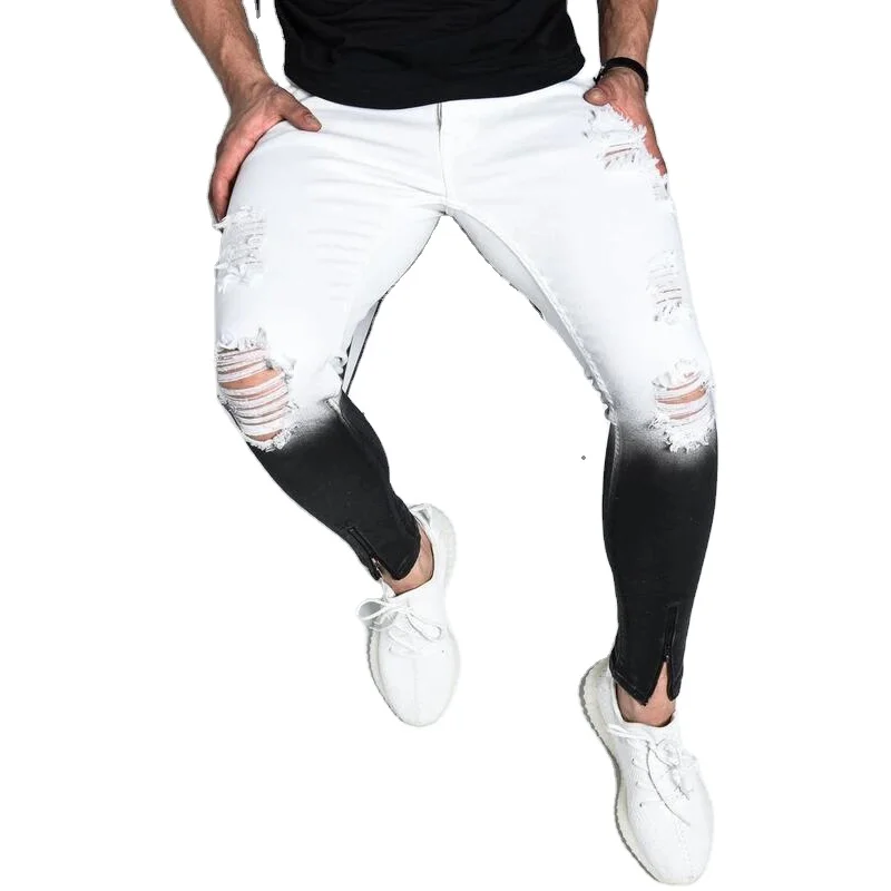 

ODM/OEM White High Street Gradient Mens Hip Hop Jeans Denim Fashion Biker Slim Fit Ripped Skinny Jeans Men