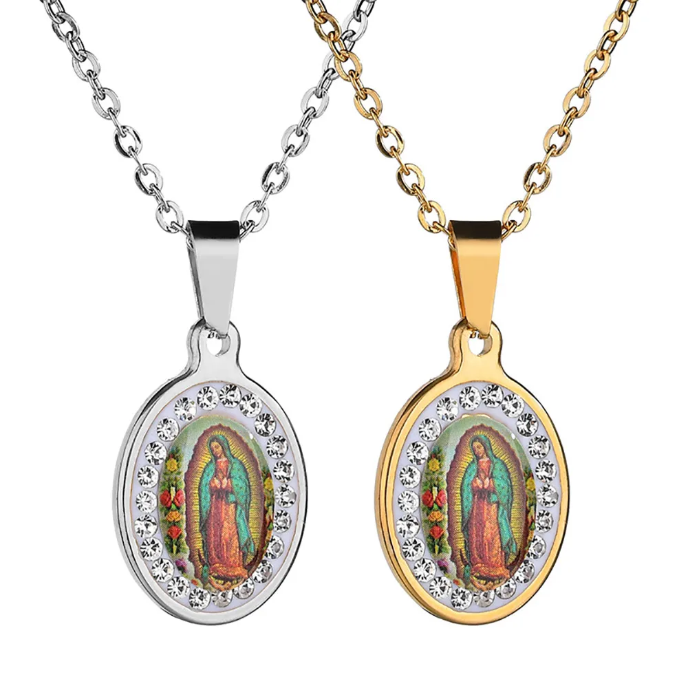 

Religious Virgin De Guadalupe Stainless Steel Cz Stone Virgin Mary Pendant Gold Plated Jewelry Necklace