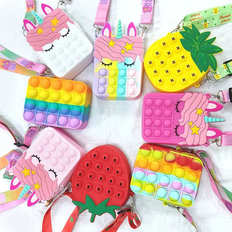 

Dropshipping New Silicone Pops Push It Bag Band Crossbody Unicorn Beach Luxury Handbags Silicone Fidget Purse Toy Popped It Bag, 12 colors