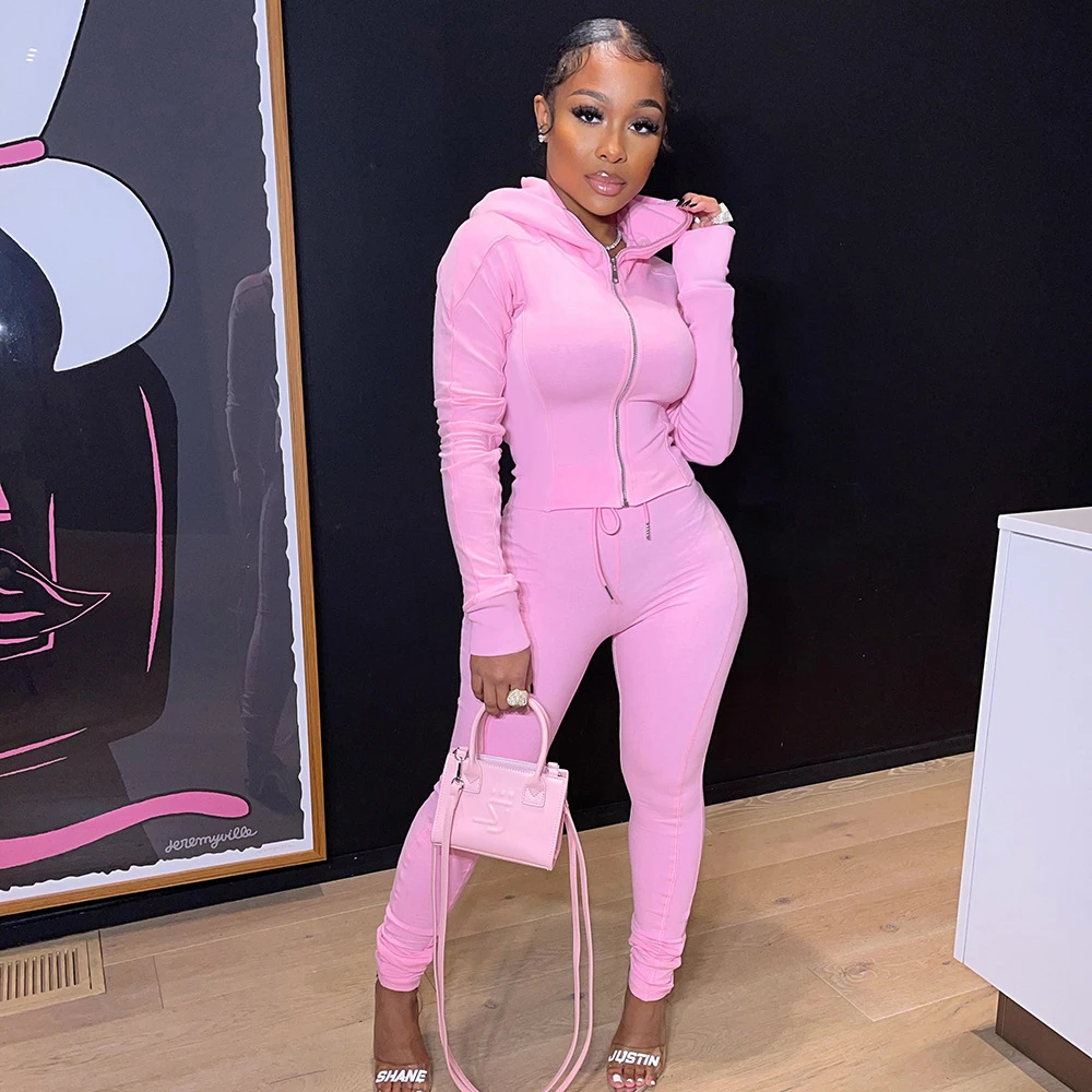 

New Arrival Fall Hooded Zipper Casual Sports Tracksuit Women Stacked Pants Hoodie 2 Piece Sets