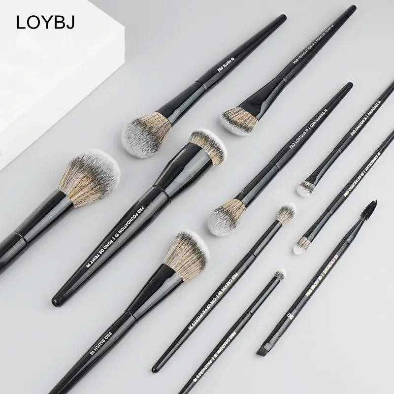 LOYBJ Professional Pro Series All Black Wood Handle Synthetic Hair Face Makeup Brush Set Foundation Powder Blush Contour Eyebrow