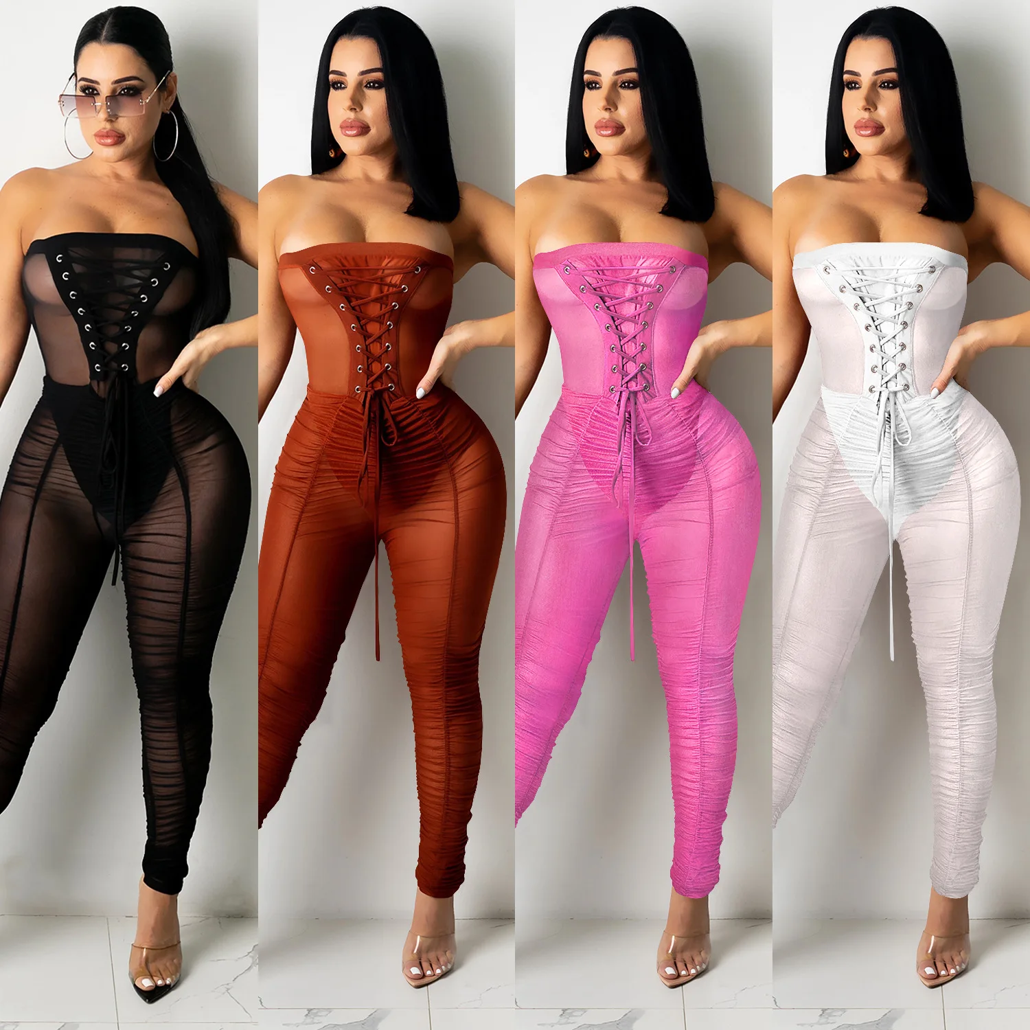 

New arrivals strapless off shoulder wrap chest lace up ruched long pants see through mesh jumpsuit women