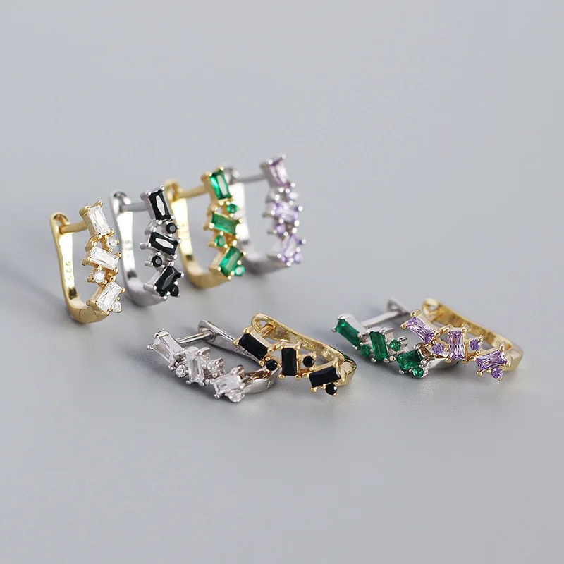 

925 Sterling Silver Bohemian Square Rainbow Zircon U-shaped Punk Stud Earrings Women Piercing Climber European Jewelry