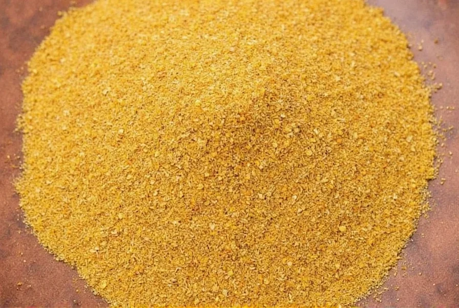 Close-up of golden-brown ground fenugreek powder in a traditional Indian spice container with measuring spoons