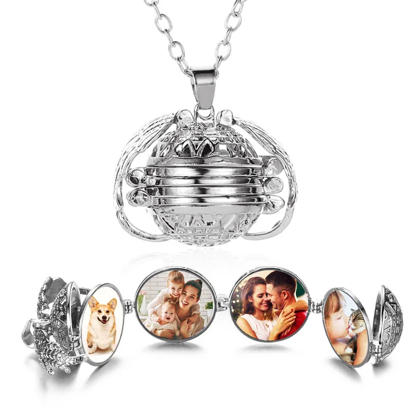 

Hot Selling Expanding Ball Pendant Necklace Memory Floating Angel Wings Box Magic 4 Photo Box Locket Photo Necklace, As pic