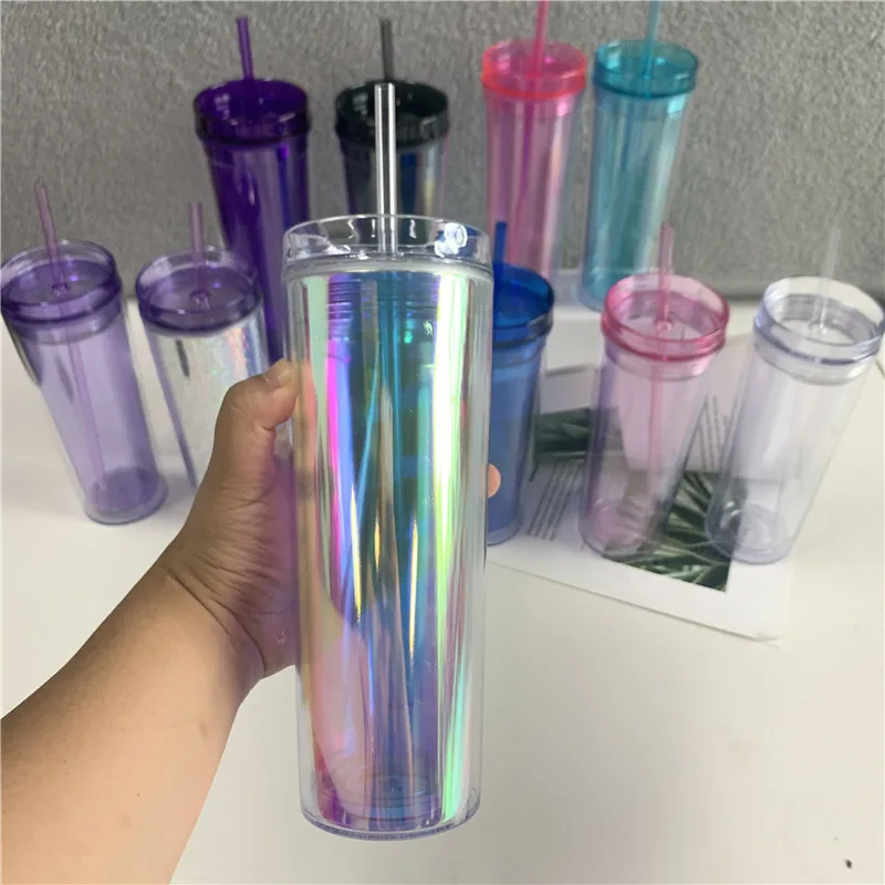 

Wholesale double wall 16oz clear acrylic drinking bottles eco reusable girls shinny glitter plastic tumbler with straw lids