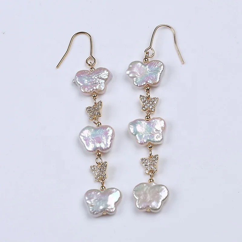 

10*13mm Irregular Butterfly Shape Earrings Long Buckle Personality Temperament Pearl Earrings, White