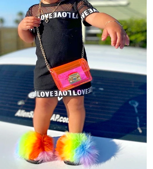 

Wholesale Toddler Fur Slides With Strap Multi Color Faux Fur Slides Rainbow Little Girl Fur Slides, As picture or customized