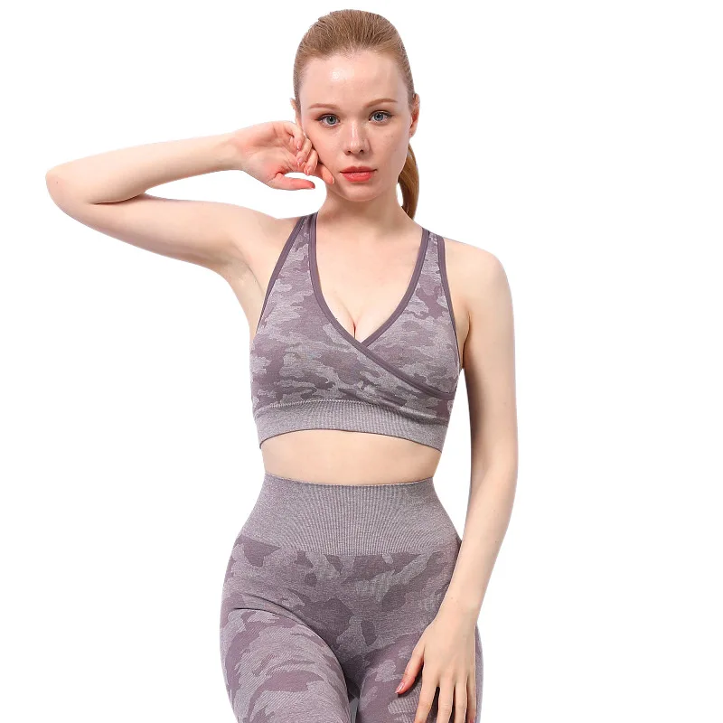 

camo yoga bra set Women Seamless Camouflage Tops Fitness Sports Bra High Waist Fitness Suits Workout Sets, Shown